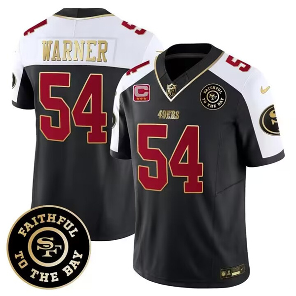 Men's San Francisco 49ers #54 Fred Warner White balck 2023 F.U.S.E. With 3-Star C Patch and Faithful To The Bay Patch Stitched Football Jersey